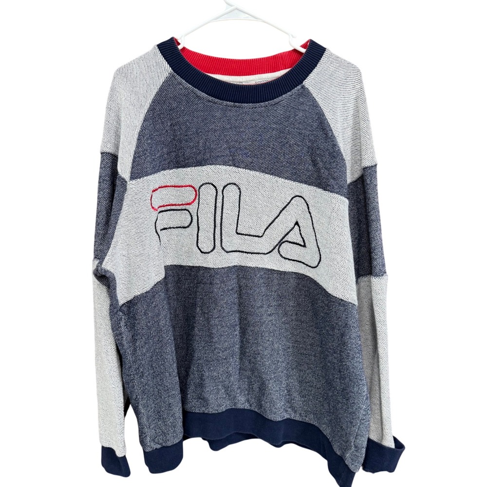 FILA XXL Crewneck Sweatshirt Blue Gray Pullover Big‎ Logo Retro Sportswear Mens